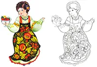 Раскраска Хохлома. Сударушка в сарафане