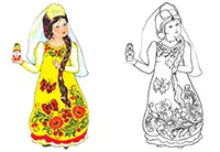 Раскраска Хохлома. Девица в жёлтом сарафане и с матрёшкой в руке