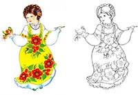 Раскраска Хохлома. Девушка в жёлтом сарафане и с расписной птичкой в руке