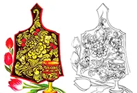 Раскраска Хохломская распись. Разделочная доска и чаша
