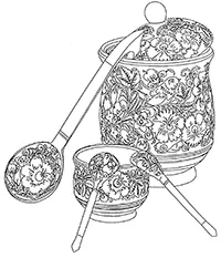 Раскраска Хохломская распись. Крынка, чашка и три деревянные ложки