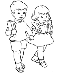 Мальчик и девочка с учебниками. Открытка-раскраска к 1 сентября