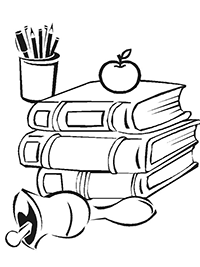 Натюрморт с книгами, колокльчиком, яблоком и стаканом с ручками. Открытка-раскраска к 1 сентября