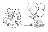 Открытка-раскраска к 23 февраля с Копатычем и игрушечным танком с шариками