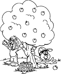 Дети собирают яблоки в корзины
