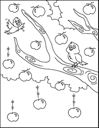 Яблоки, падающие с дерева, и птички