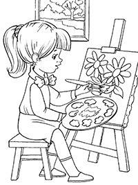 Девочка рисует букет цветов масляными красками