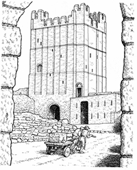 Крестьяне тащат припасы в замок на тележке