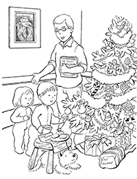 Дети с папой у рождественской елки