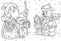 Дед Мороз и его помощник поздравляют мишек