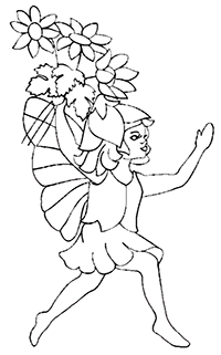 Девочка-эльф бежит с букетом цветов