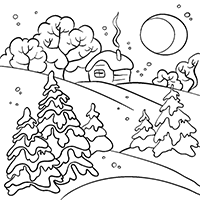 Снежные холмы и домик в зимнюю ночь