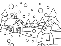 Домик, ёлки и снеговик