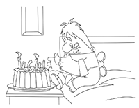 Карлсон приступает к поеданию праздничного торта со свечками