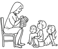 Воспитательница показывает детям картинки в книге