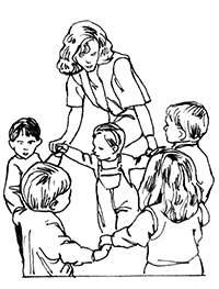 Воспитательница обучает детей играм