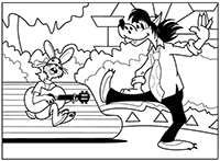 Заяц на лавочке с гитарой и Волк