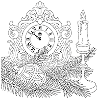 Часы, свеча и еловая ветка с елочным шаром