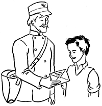 Почтальон вручает мальчику письмо