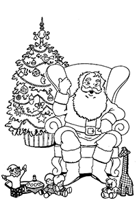 Санта сидит в кресле около наряженной елки