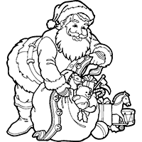 Санта-Клаус упаковывает подарки в мешок