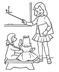 Девочка играет с куклами в школу