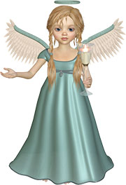 Девочка-ангел в зеленом платье с подсвечником в руке