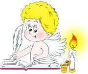 Ангелок с книгой, свечой и пером в руках