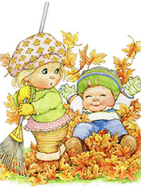 Дети подметают осенние листья и играют с ними