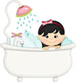 Девочка с чёрными волосами купается в ванне