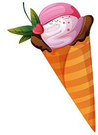 Мороженое в вафельном рожке с шоколадом, украшенное вишенкой с листьями