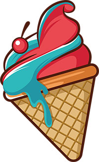 Вафельный рожок с двумя сортами мороженого - красным и зеленым и вишенкой сверху