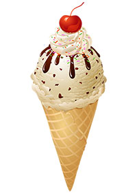 Вафельный рожок с шариком мороженого, разноцветной посыпкой и вишенкой сверху