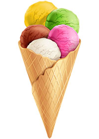 Разноцветные шарики мороженого в большом вафельном рожке