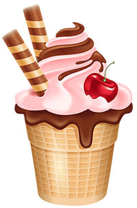 Мороженое в вафельном стаканчике, политое шоколадом, с вафельными трубочками и вишенкой