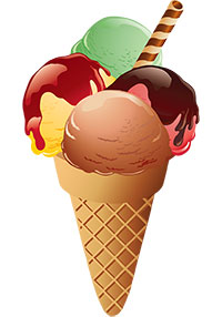 Шарики разноцветного мороженого в вафельном рожке, политые сладким соусом, с вафельной трубочкой