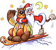 Дед Мороз и медведь едут на санках. Клипарт на прозрачном фоне