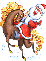 Дед Мороз скачет на лошади. Клипарт на прозрачном фоне