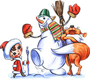 Молодой Новый год, снеговик и лисичка. Клипарт на прозрачном фоне