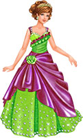 Принцесса в ярко-зеленом платье без рукавов, украшенном камнями, с фиолетовыми вставками
