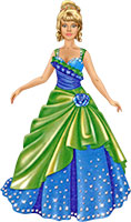 Принцесса синем платье без рукавов, украшенном камнями, с зелёными вставками