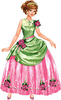 Принцесса в зелено-розовом платье без рукавов, украшенном розами
