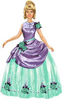 Принцесса в фиолетовом платье с юбкой цвета морской волны, украшенное зелеными розочками