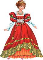 Принцесса в старинном красном платье с пышными рукавами