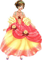 Принцесса в нежном жёлто-красном платье с пышной юбкой и пышными рукавами