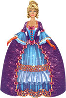 Принцесса в фиолетово-голубом платье с бантиками и в длинных красных перчатках