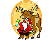 Санта украшает рога оленя шариками