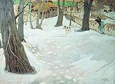 Бродский И. И. Зимний пейзаж с домиком и собакой. 1910-е