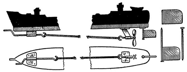 Некоторые виды креплений резинового моторчика, руля и устройство руля